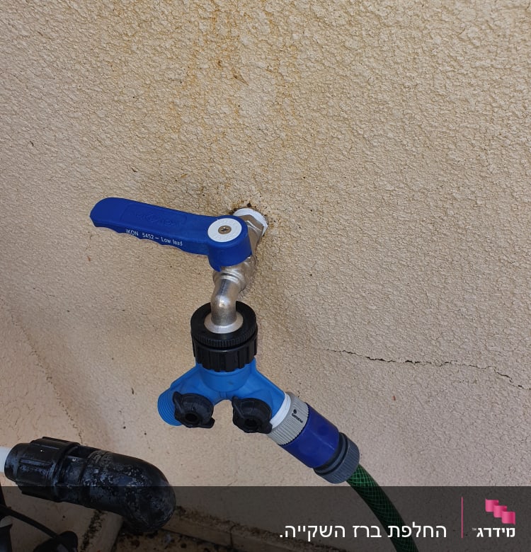 ברז מים עם מפצל וצינור ירוק מחובר